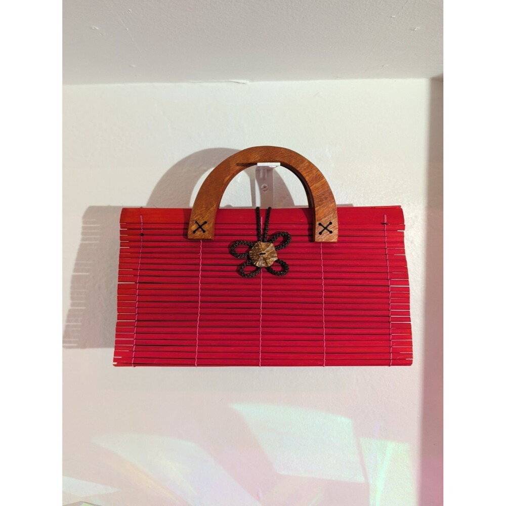 Vintage Bamboo Purse Handbag Red Slats Wood Handle Natural